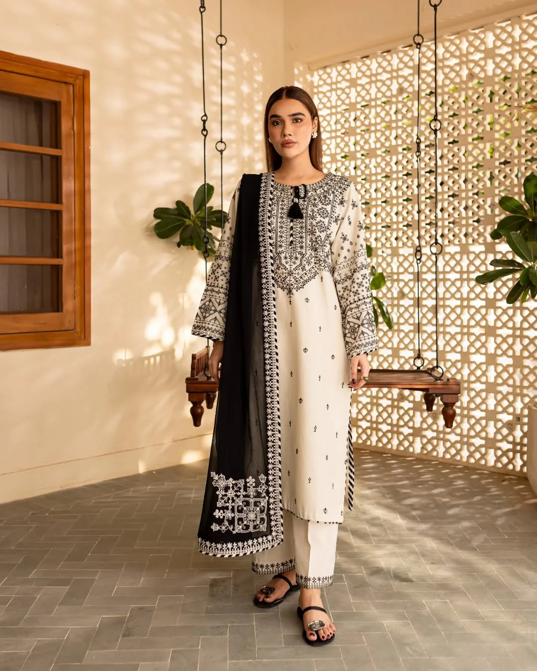 3 pc Arfa Embroidered dress (Arabic Lawn with chiffon dupatta)