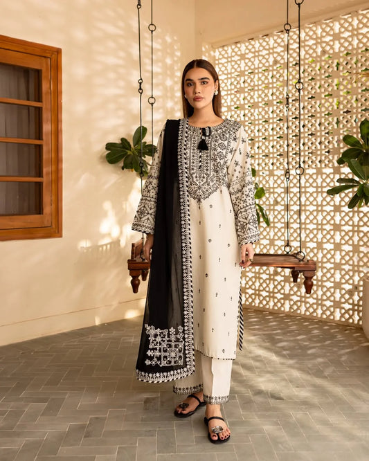 3 pc Arfa Embroidered dress (Arabic Lawn with chiffon dupatta)