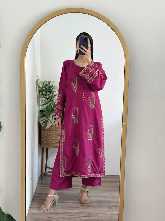 2 pc Amber Embroidered co ords (Arabic Lawn)